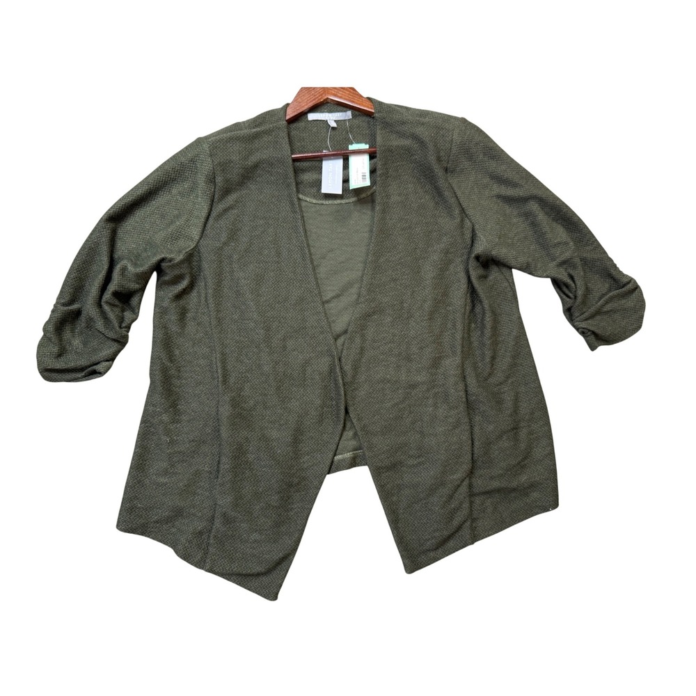 Lemon Tart Knit Blazer Womens 1X Olive New Anahi Textured Ruched 3/4 Sleeve